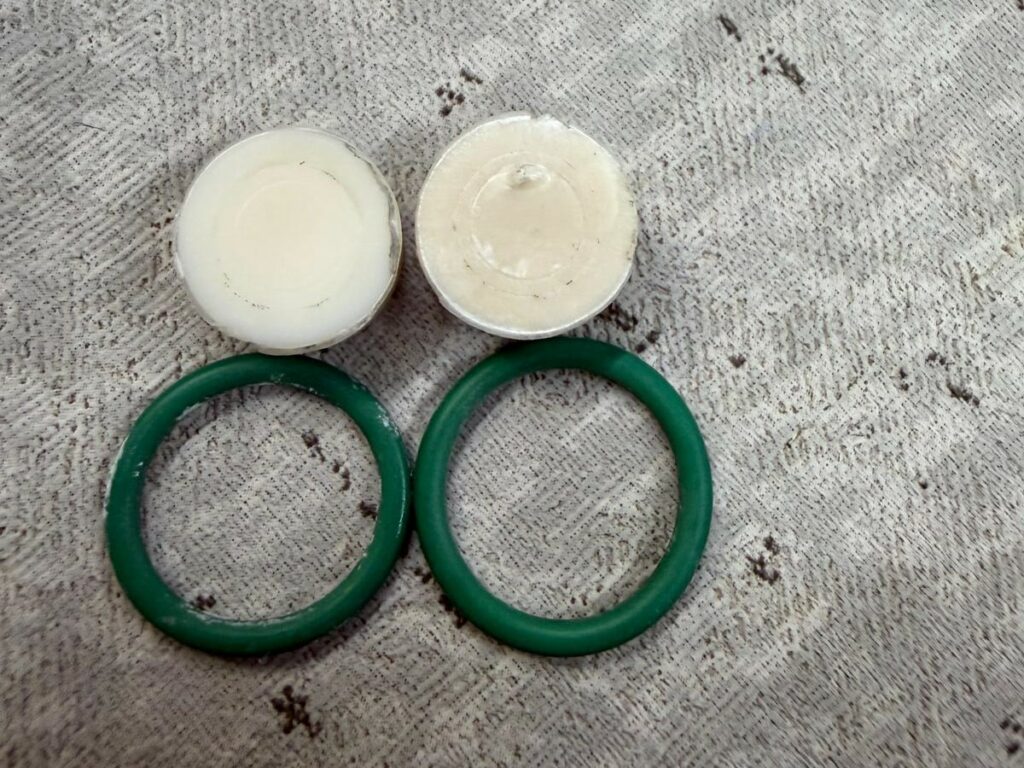 Due o-ring verdi e due pastiglie palesemente rovinate