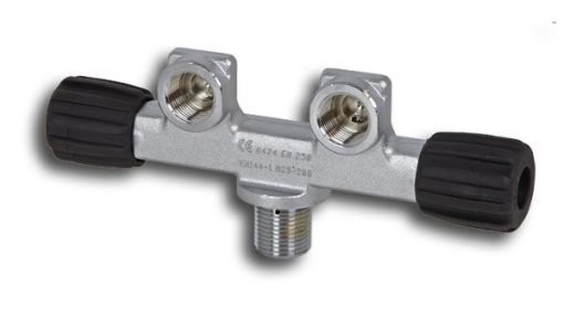 Rubinetto per bombole subacquee SCUBATEC modello BROS monoblocco con doppia uscita DIN/INT in linea e manopole in gomma per il massimo grip.